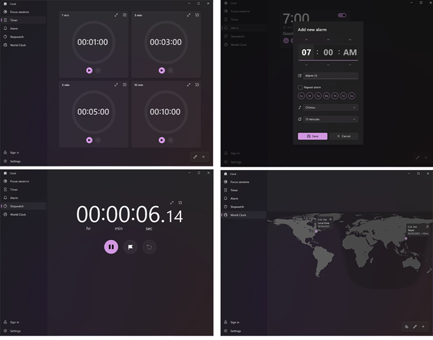 Composants de l'application Horloge de Windows 11