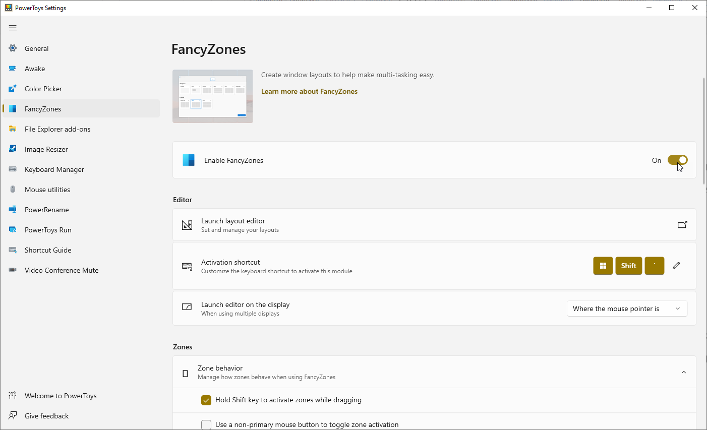 Fancyzones-Einstellungen