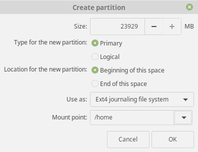 Partition d'accueil Linux Mint 19 Tara