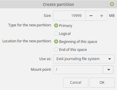 Partition racine Linux Mint 19 Tara