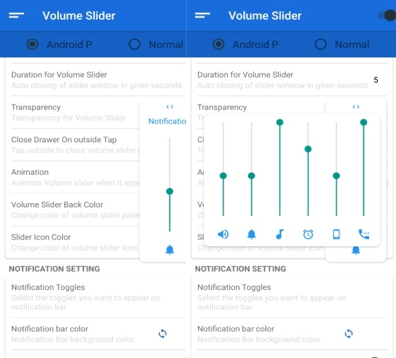 Curseur de volume d'Android Pie