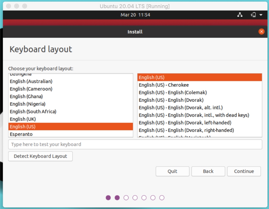 Ubuntu 20.04 LTSインストーラー—キーボードレイアウトを選択します