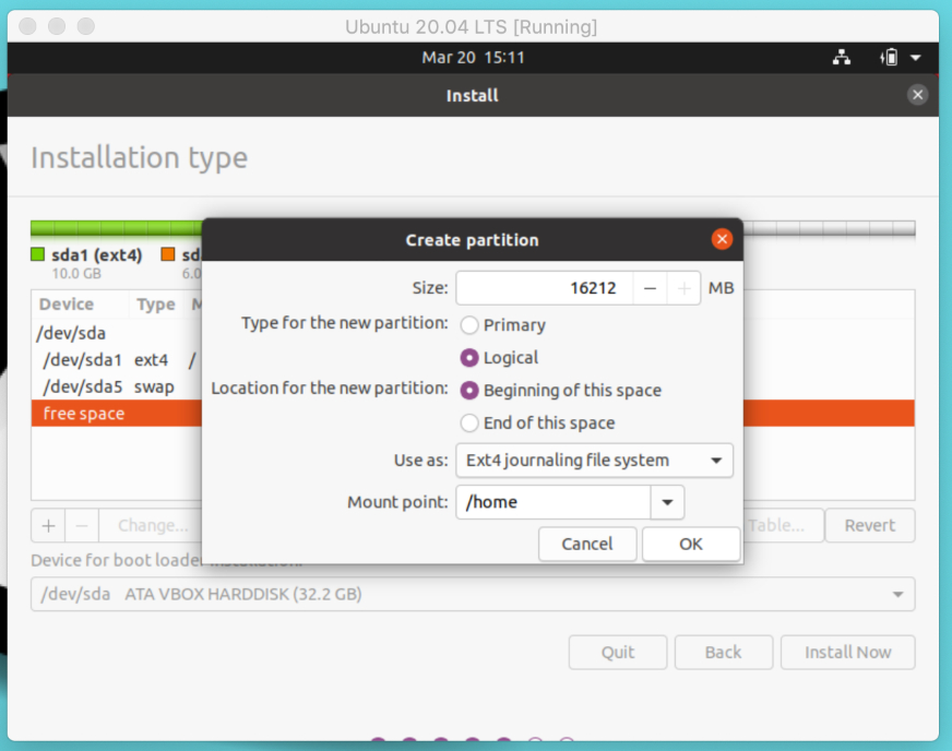 Ubuntu 20.04 LTSインストーラー—ホームパーティションを作成する