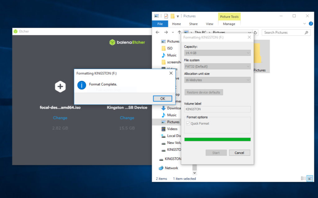 Creación de USB de arranque con Balena Etcher en Windows 10: se completa el formateo