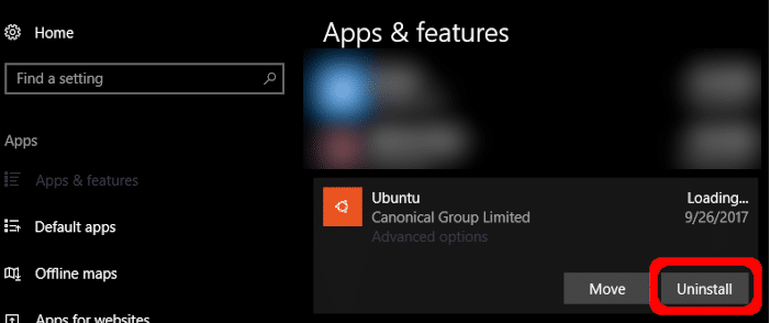 Удалите Ubuntu Windows 10