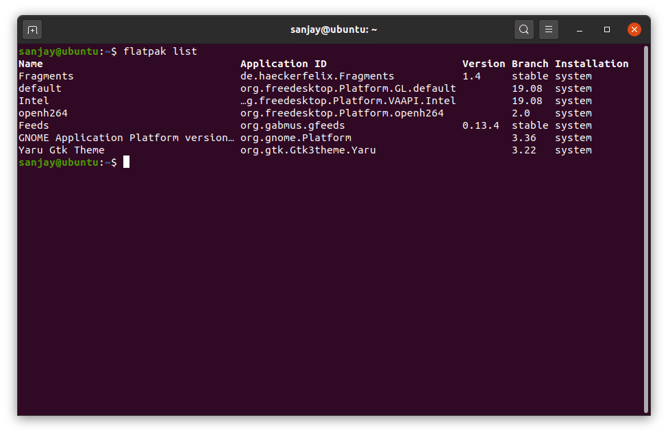 Список всех приложений Flatpak, установленных в системе Linux