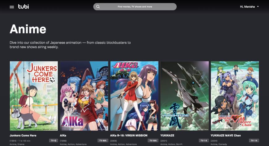 Tubi TV - site d'anime gratuit pour regarder des anime en ligne en Inde