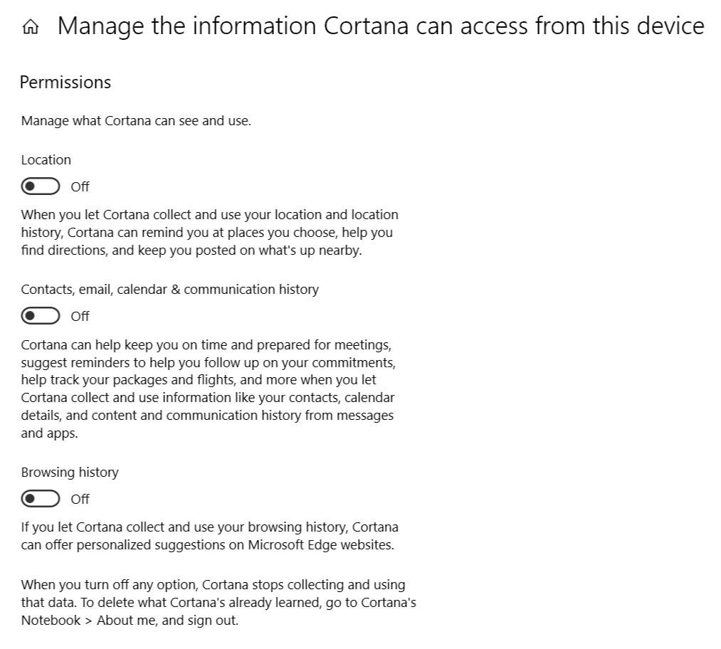 Gerencie as informações que a Cortana pode acessar no dispositivo