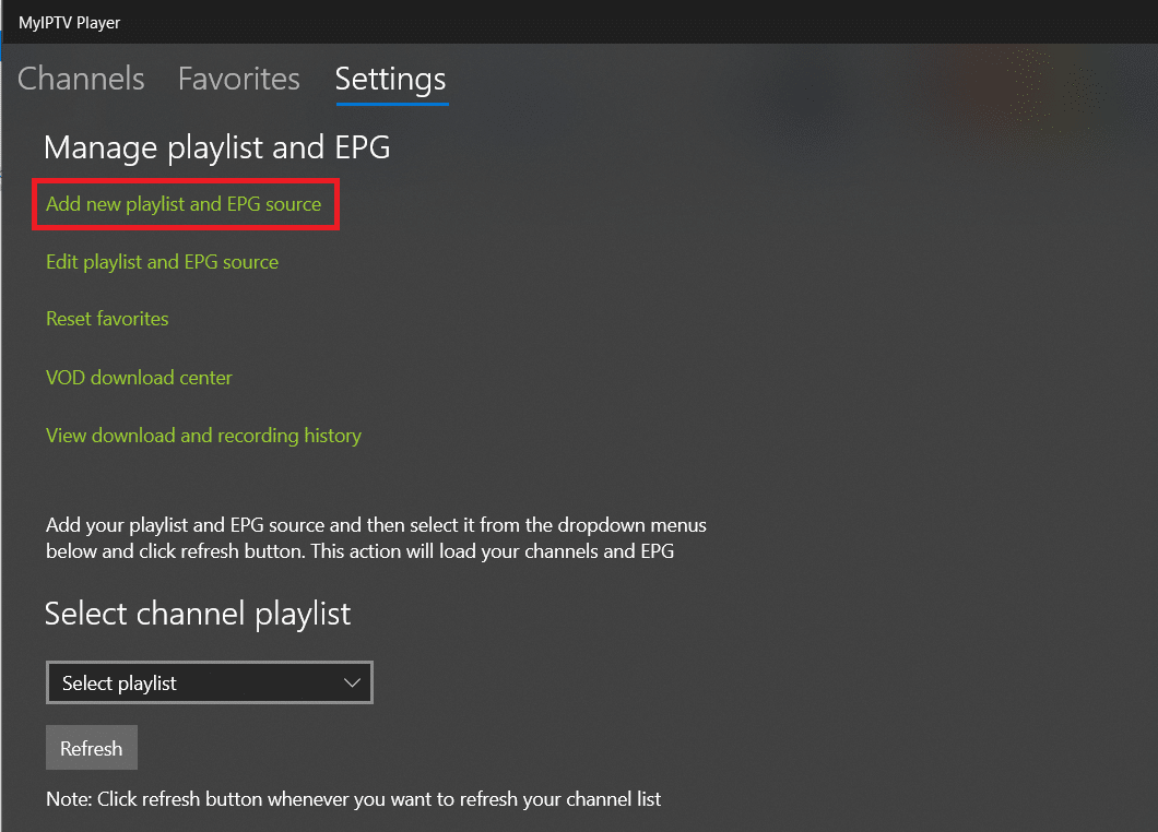Kliknij Dodaj nową listę odtwarzania i źródło EPG