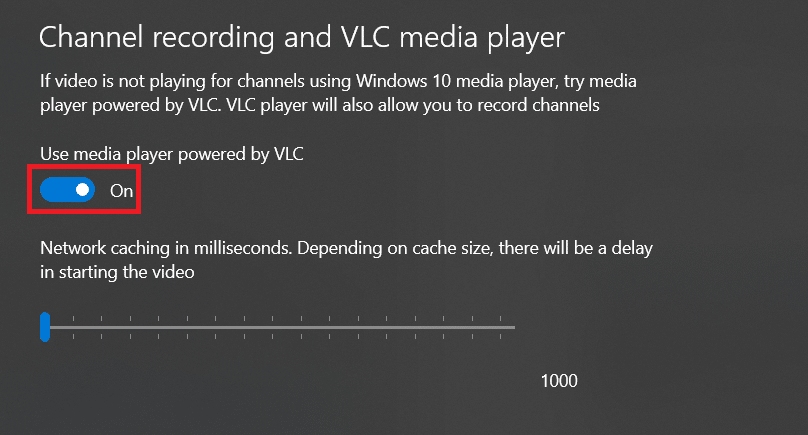 Role a página para baixo. Alterne para a direita em Ativado em Usar media player desenvolvido pelo VLC