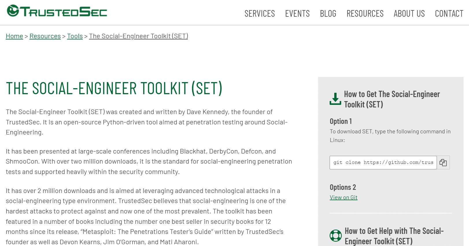 Page officielle de la boîte à outils de l'ingénieur social par TrustedSec