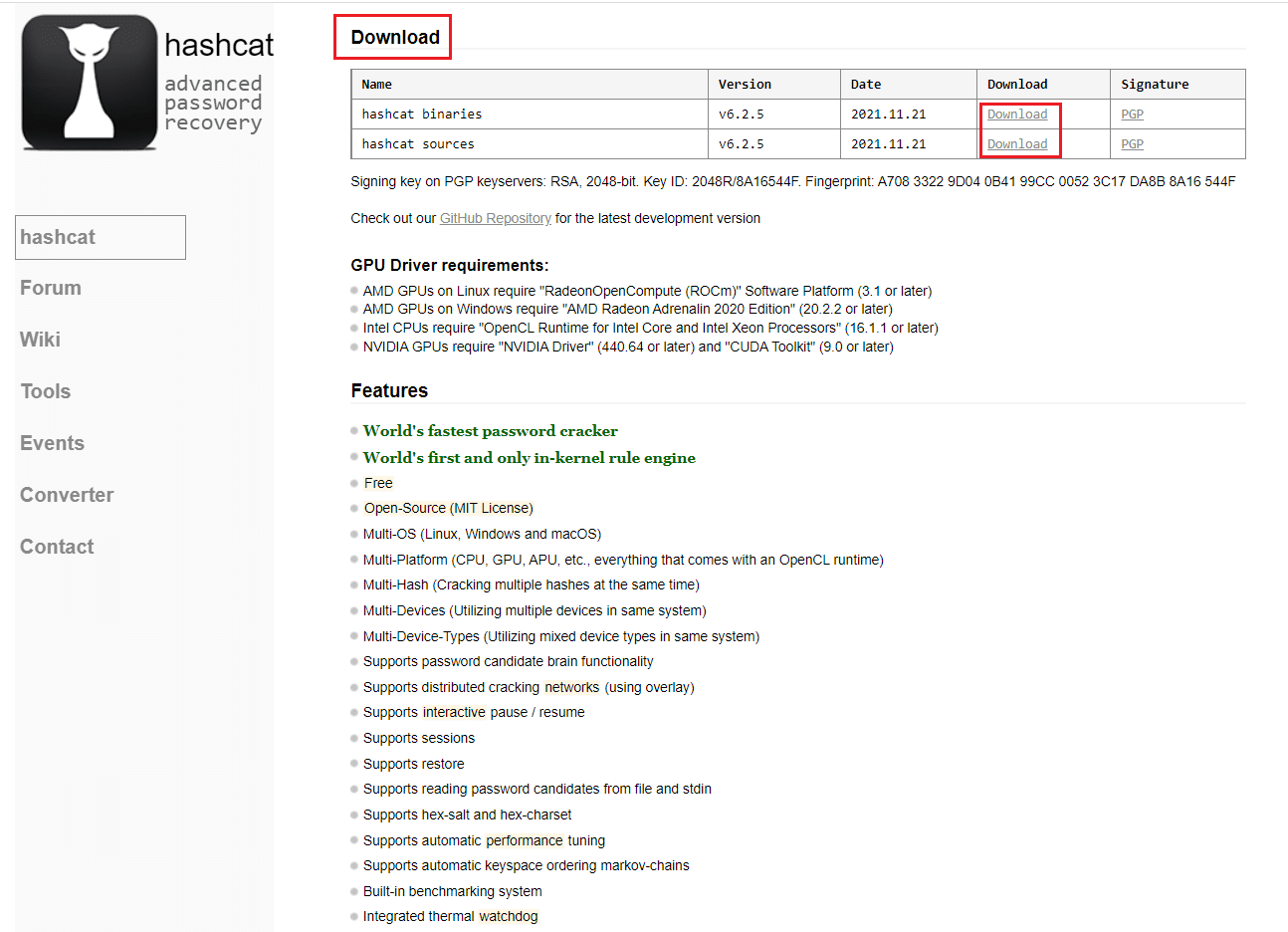 Page de téléchargement de l'outil de piratage oclHashcat