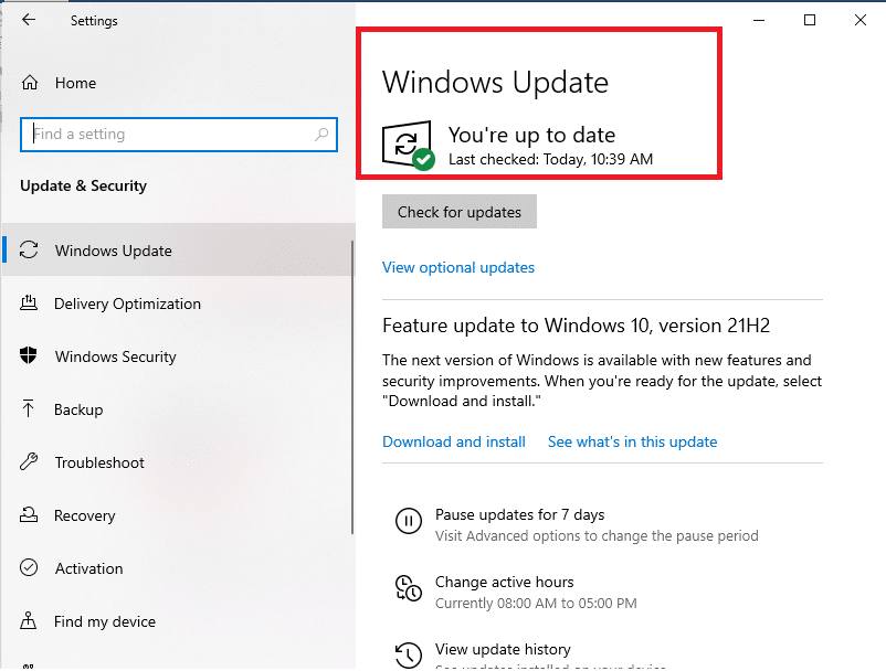 Se não houver nenhuma atualização, ele mostrará o Windows Update como atualizado. Se houver alguma atualização disponível, vá em frente e instale as atualizações pendentes.