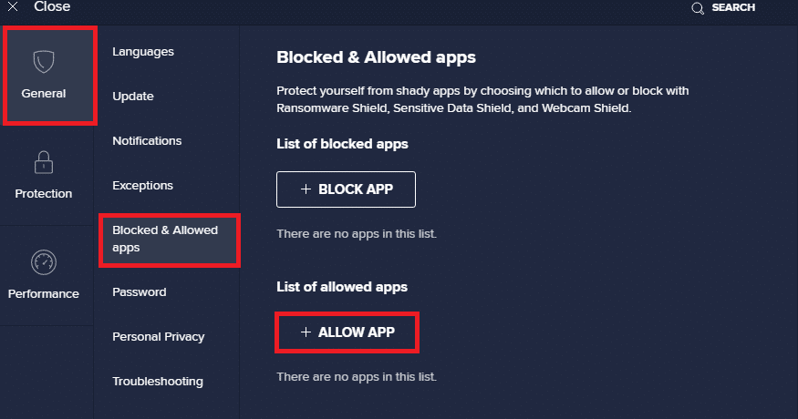 selecione Geral e, em seguida, aplicativos bloqueados e permitidos e clique no botão permitir aplicativo nas configurações do Avast Free Antivirus