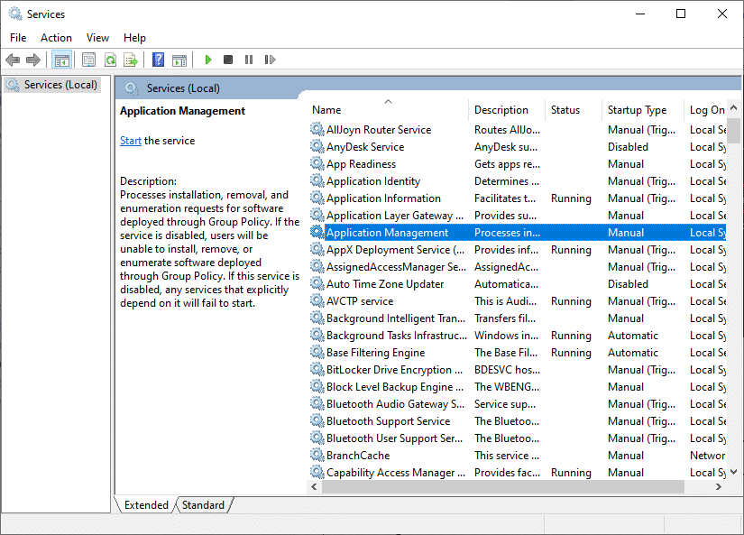 Aqui, clique duas vezes no serviço Application Management