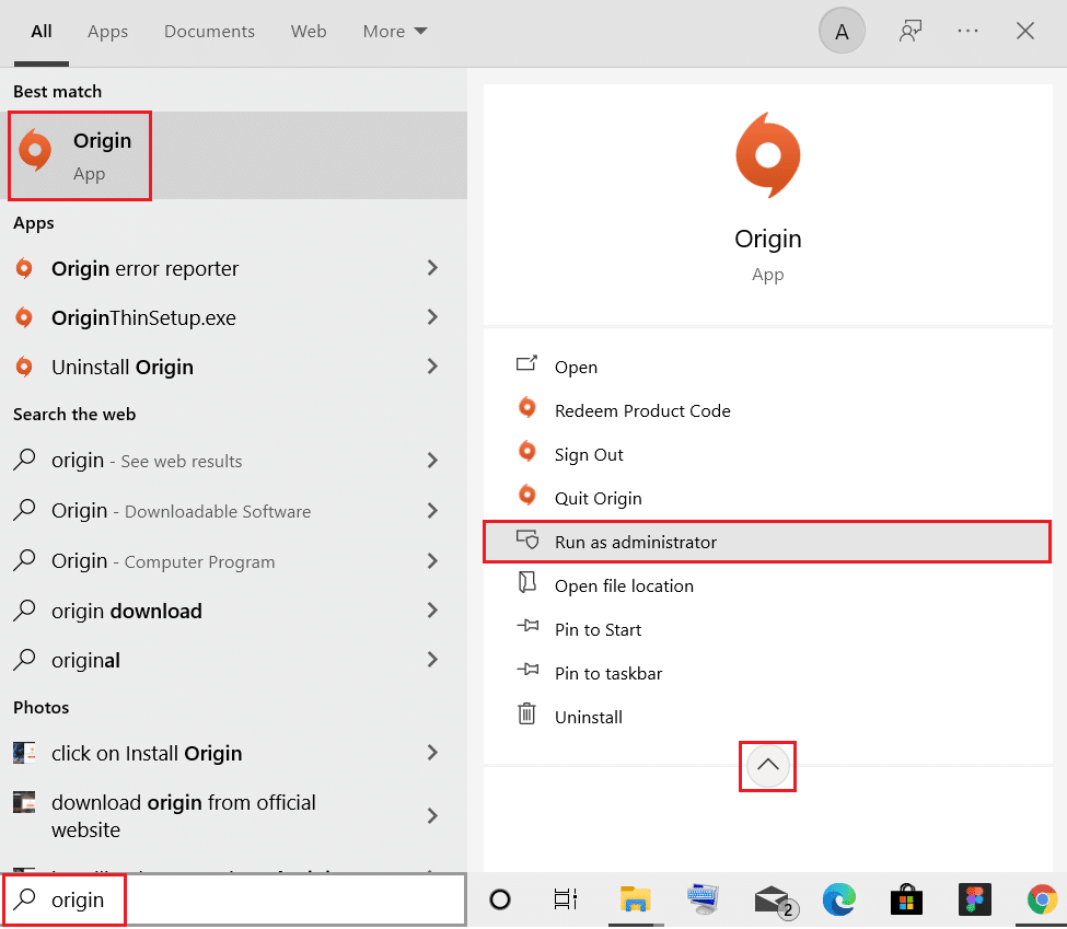 apri l'app Origin come amministratore dalla barra di ricerca di Windows