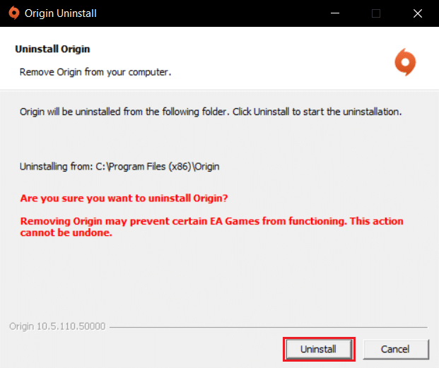 haga clic en Desinstalar en el asistente de desinstalación de Origin. Cómo reparar el error de origen 9:0