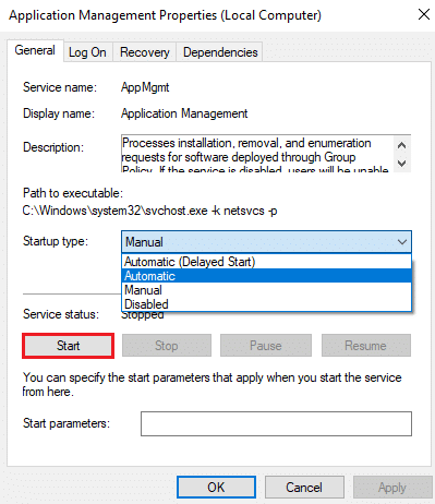 clique no botão Iniciar e aplique as configurações de inicialização