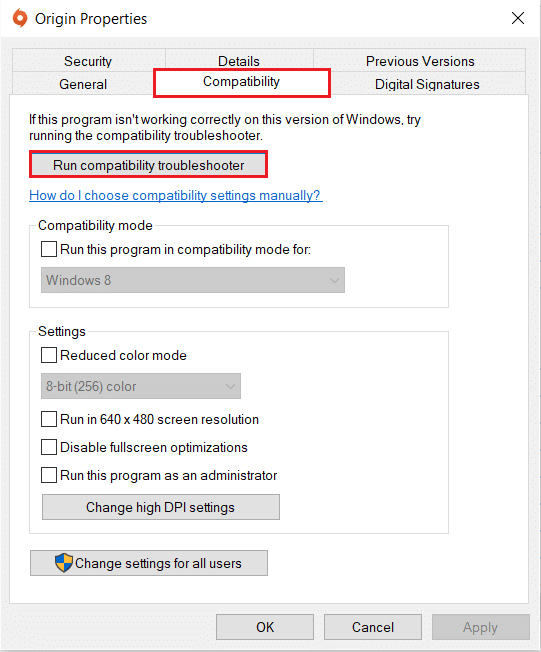 Esegui lo strumento di risoluzione dei problemi di compatibilità nelle proprietà di compatibilità di Origin