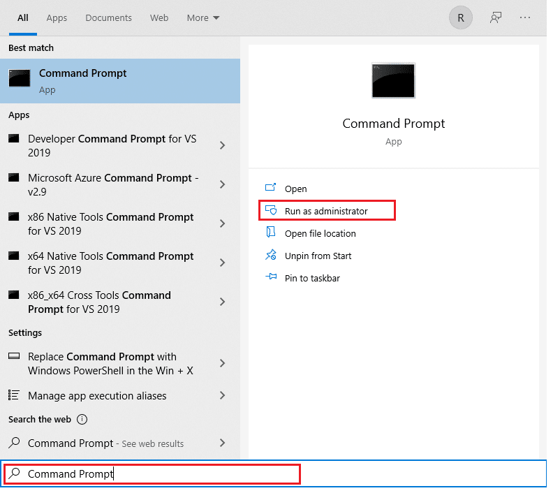 พิมพ์ Command Prompt แล้วคลิก Run as administrator ที่บานหน้าต่างด้านขวา