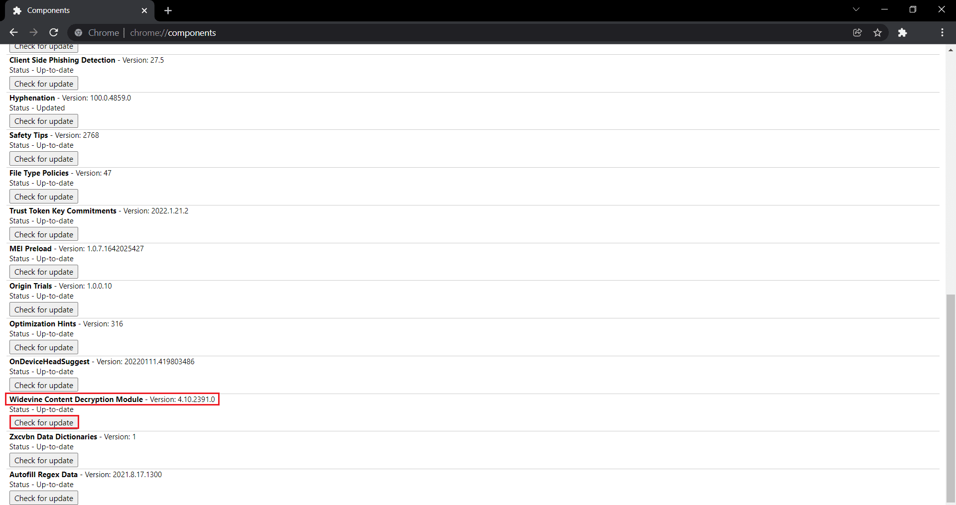 انقر فوق التحقق من وجود تحديثات لوحدة Widevine Content Decryption Module في مكونات Google Chrome