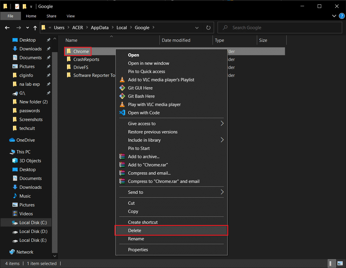 haga clic derecho en Chrome y seleccione Eliminar en la carpeta appdata. Cómo reparar el error de Netflix M7121-1331-P7