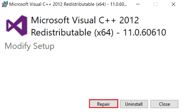 คลิกที่ปุ่ม Repair เพื่อซ่อมแซม Microsoft Visual C plus plus 2012 Redistributable package