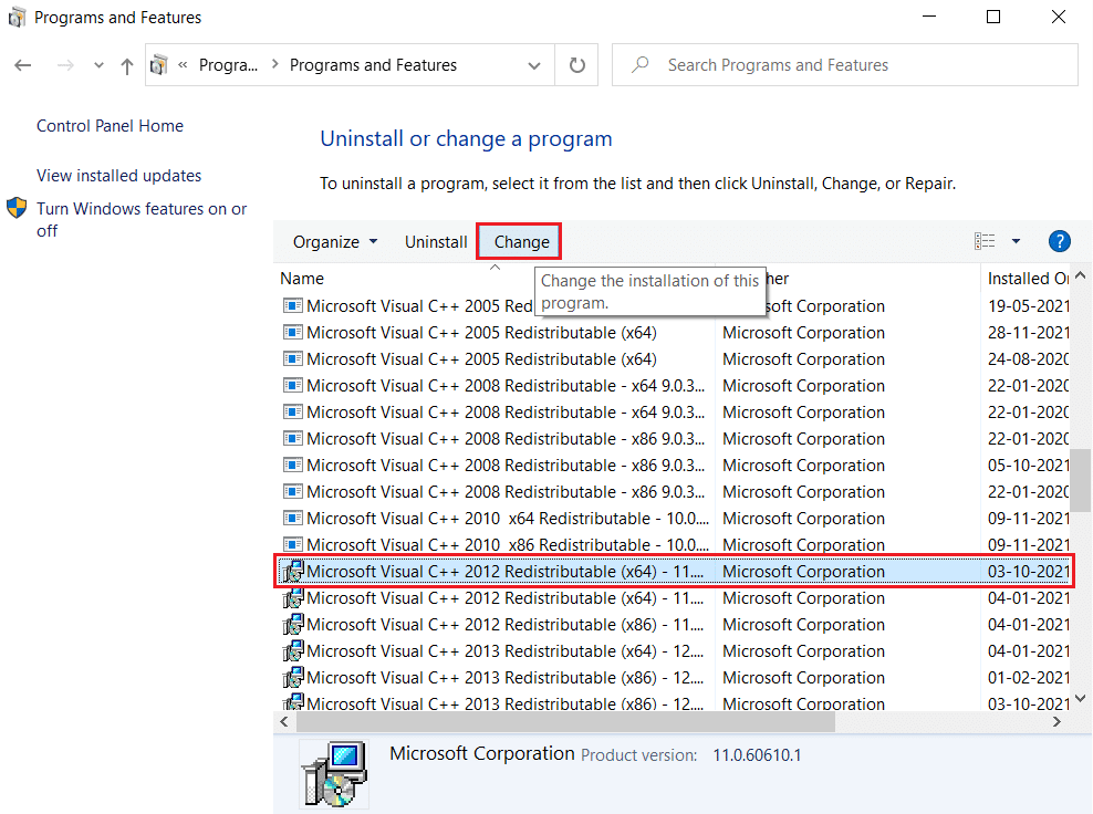 seleccione Microsoft Visual C plus plus 2012 redistribuible y haga clic en la opción Cambiar en la ventana Programa y características. Cómo arreglar el bloqueo de Overwatch