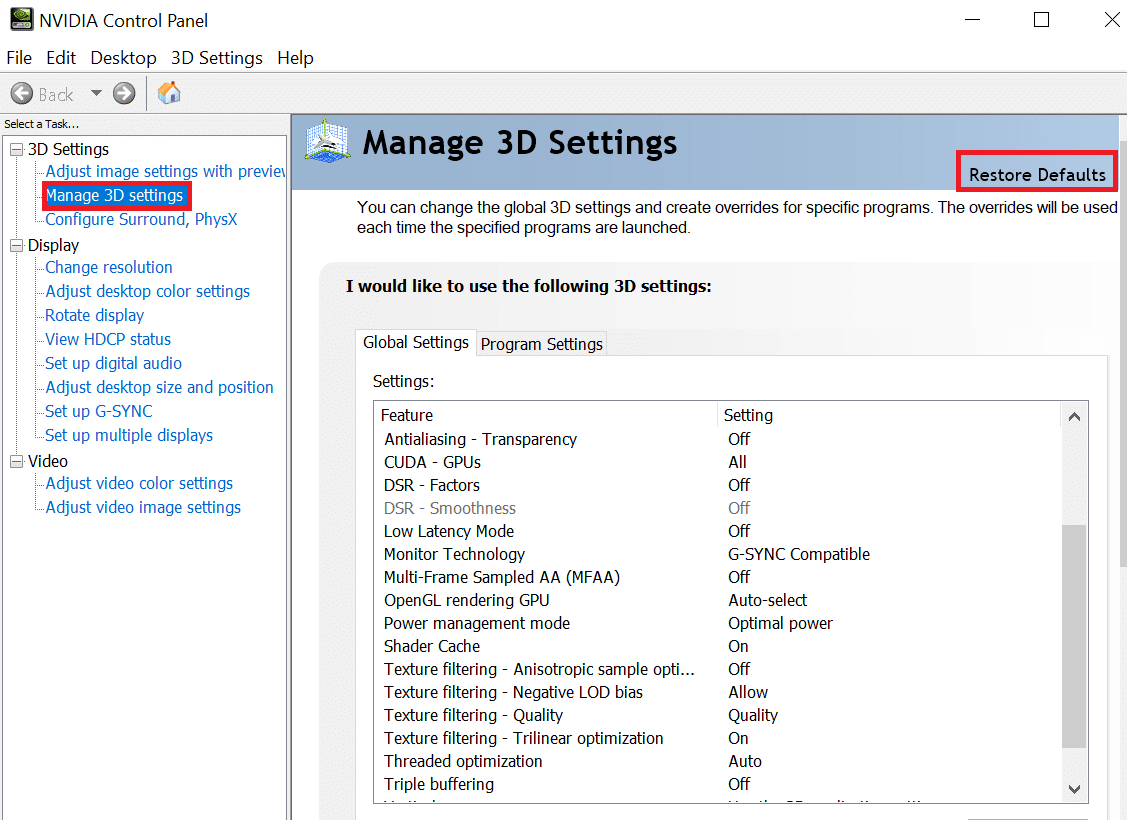 Наконец, нажмите «Восстановить настройки по умолчанию» в правом верхнем углу экрана, чтобы сбросить настройки видеокарты.