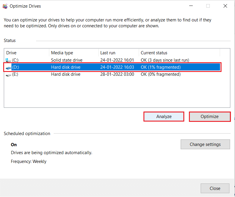 Analisis atau Optimalkan drive di jendela Defragment and Optimize Drives