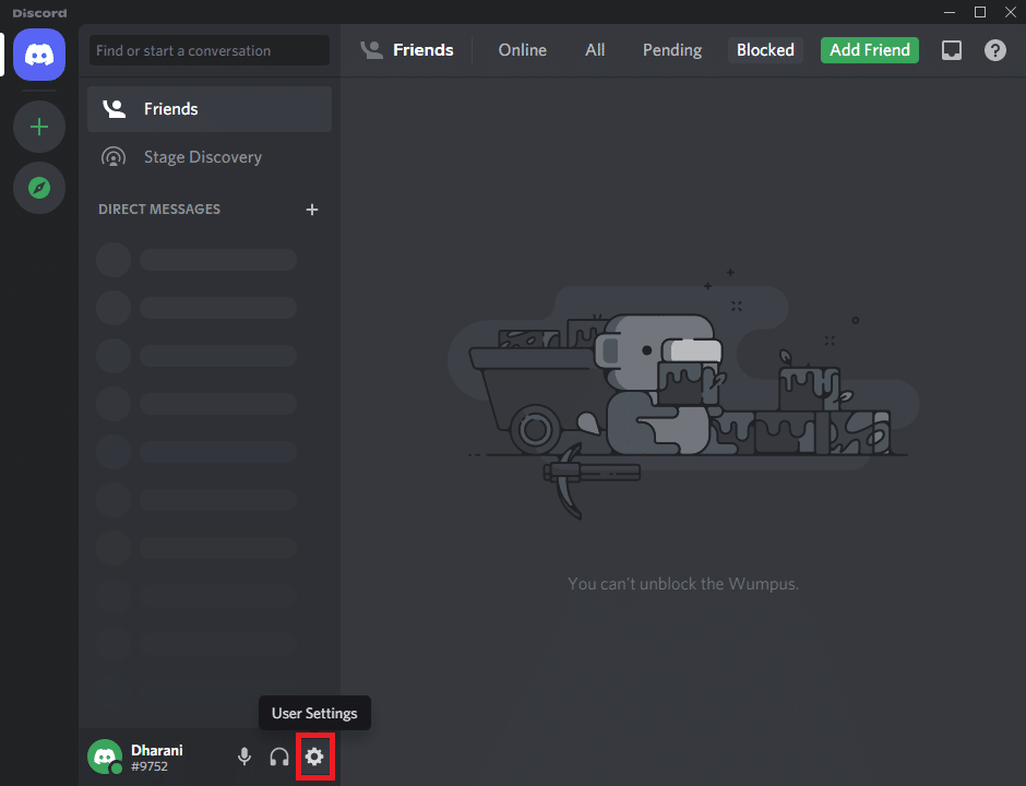 启动 Discord 并单击屏幕左角的齿轮图标。如何修复守望先锋崩溃