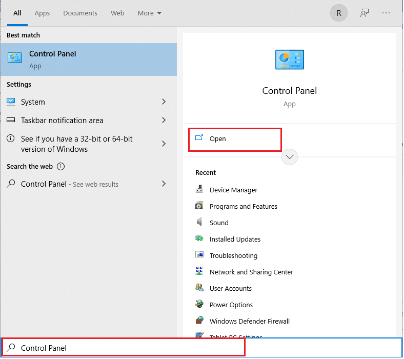 Buka menu Start dan ketik Control Panel. Klik Buka di panel kanan.