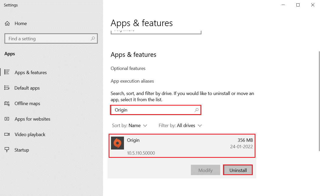 seleziona Origin nelle impostazioni di App e funzionalità e fai clic su Disinstalla