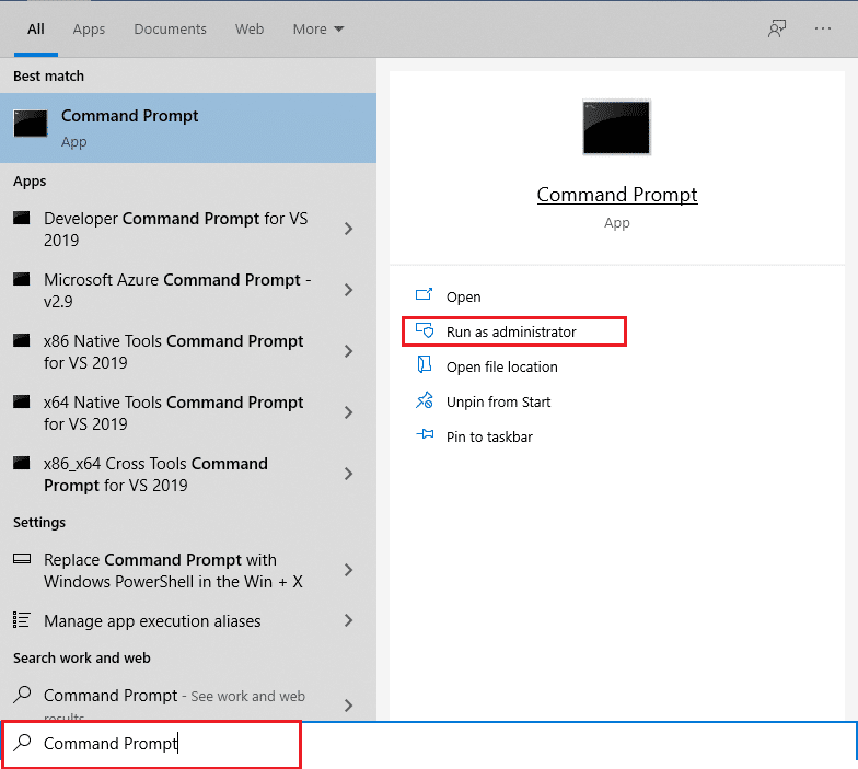 เปิดเมนู Start พิมพ์ Command Prompt แล้วคลิก Run as administrator ที่บานหน้าต่างด้านขวา