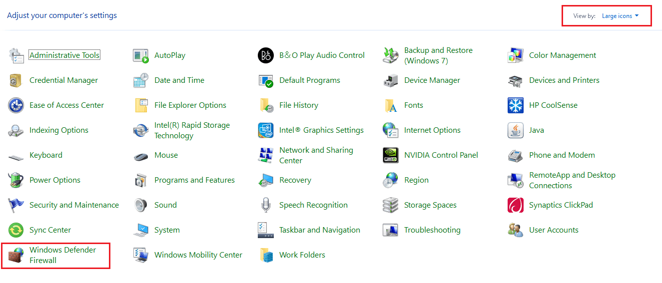 ตั้งค่า View by เป็น ไอคอนขนาดใหญ่ และคลิกที่ Windows Defender Firewall เพื่อดำเนินการต่อ วิธีแก้ไข Origin Error Code 327683:0