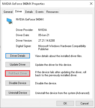 Alterne para a guia Driver e selecione Roll Back Driver, conforme mostrado.