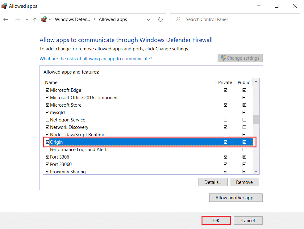 Windows Defender Güvenlik Duvarı'nda Origin uygulamasına izin vermek için hem Özel hem de Genel seçeneğini işaretleyin