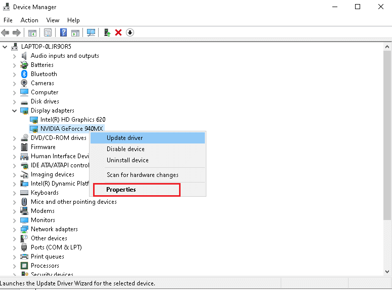 คลิกขวาที่ NVIDIA GeForce 940MX และเลือก Properties วิธีแก้ไข Origin Error Code 327683:0