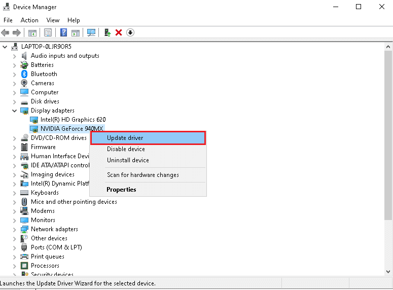 右擊NVIDIA GeForce 940MX，選擇更新驅動，如圖