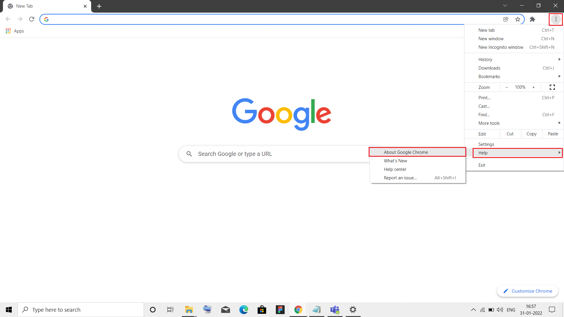 üç nokta simgesine tıklayın, Yardım'a gelin ve Google Chrome Hakkında'yı seçin