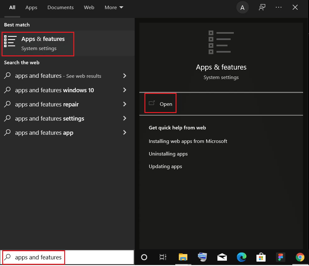 digite aplicativos e recursos e clique em Abrir na barra de pesquisa do Windows 10. Como corrigir o código de erro Netflix M7111-1101