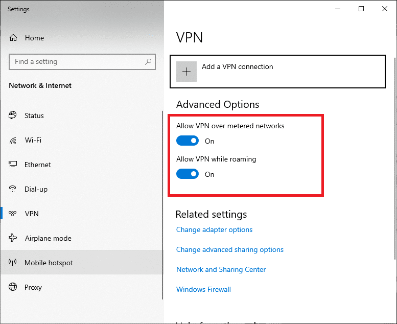 ในหน้าต่างการตั้งค่า ยกเลิกการเชื่อมต่อบริการ VPN ที่ใช้งานอยู่และปิดตัวเลือก VPN ภายใต้ตัวเลือกขั้นสูง