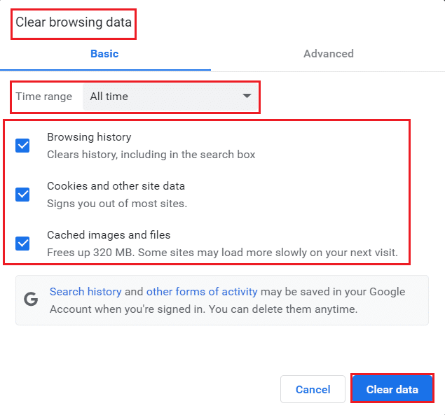 pilih opsi dan atur rentang Waktu dan klik Hapus data di menu Hapus data penjelajahan Google Chrome