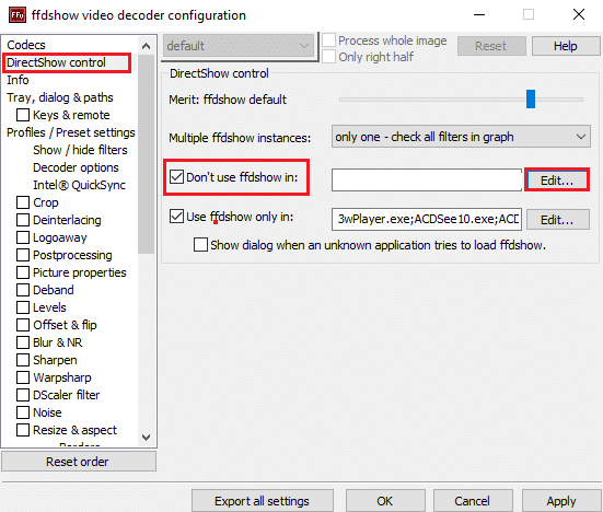 Di panel kiri, pilih opsi kontrol DirectShow