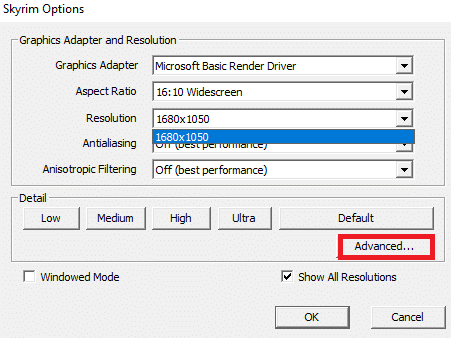 Şimdi, Detay bölümünde, Gelişmiş seçeneğini seçin | Skyrim Crash'i Hata Mesajı Olmadan Masaüstüne Düzeltin