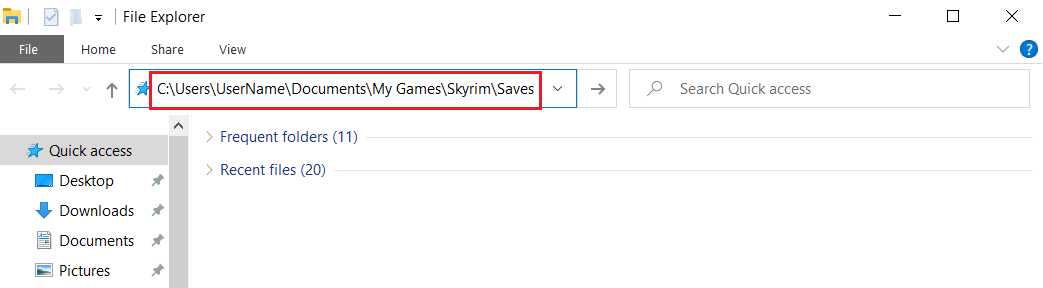 accesați calea locației fișierelor salvate în jocul Skyrim din bara de adrese File Explorer