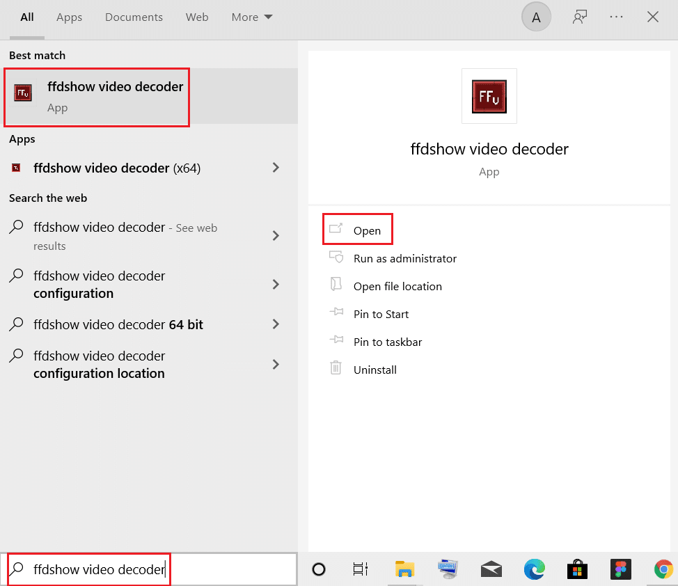 Windows arama çubuğundan ffdshow video kod çözücüyü başlat