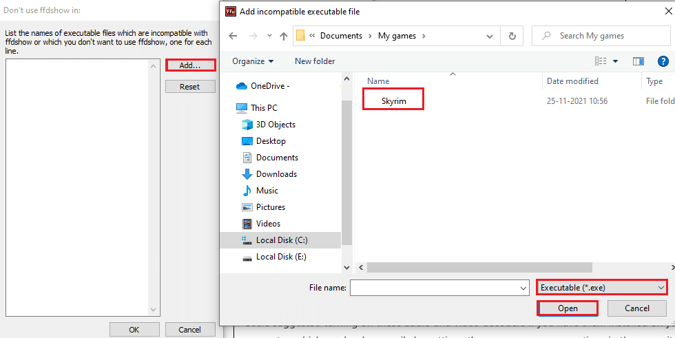 Dont use ffdshow in penceresinde Add butonuna tıklayın ve Skyrim oyununu seçin