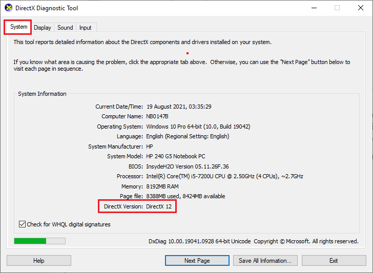 periksa Versi X Langsung di Alat Diagnostik DirectX. Cara Memperbaiki Crash Skyrim ke Desktop