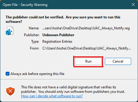 faceți clic pe butonul Run din Avertisment de securitate pentru fișierele .reg pentru a aplica setarea UAC Control cont utilizator Windows 11
